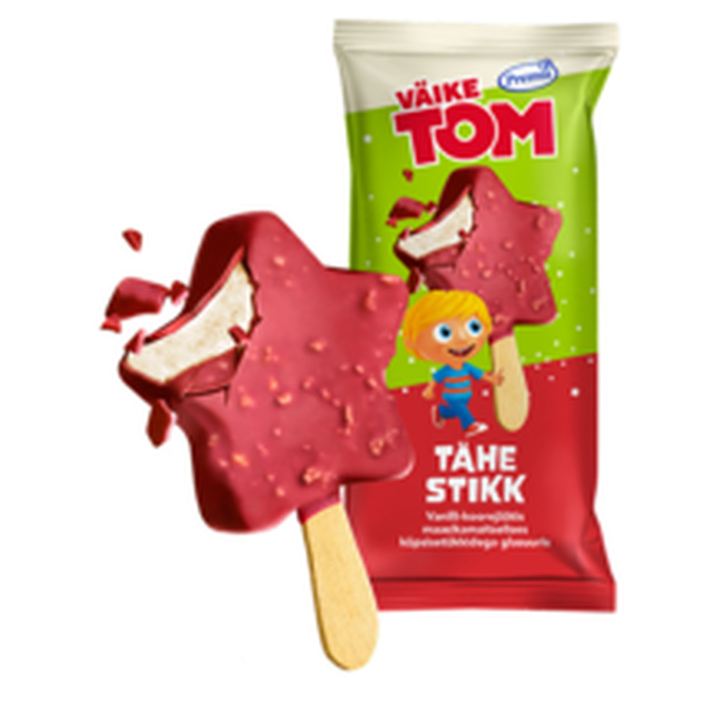 Väike Tom Tähe-stikk koorejäätis maasika glasuuris küpsisetükkidega55g/95ml