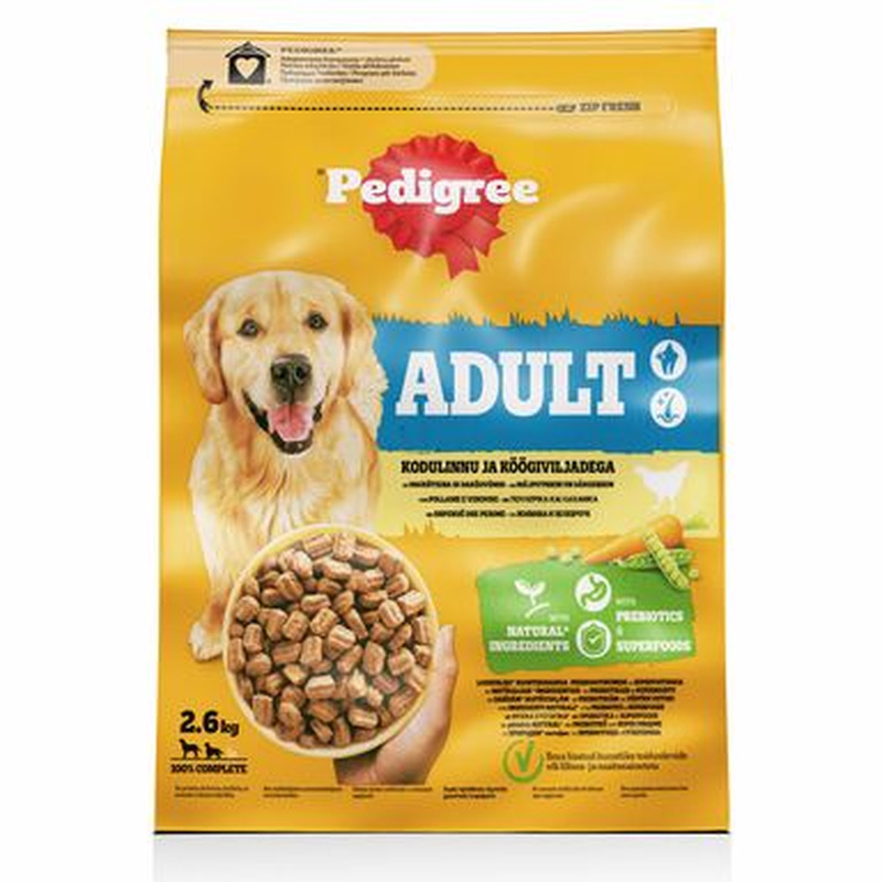 Kuivtoit täiskasvanud koertele linnuliha ja köögiviljaga, PEDIGREE, 2,6 kg