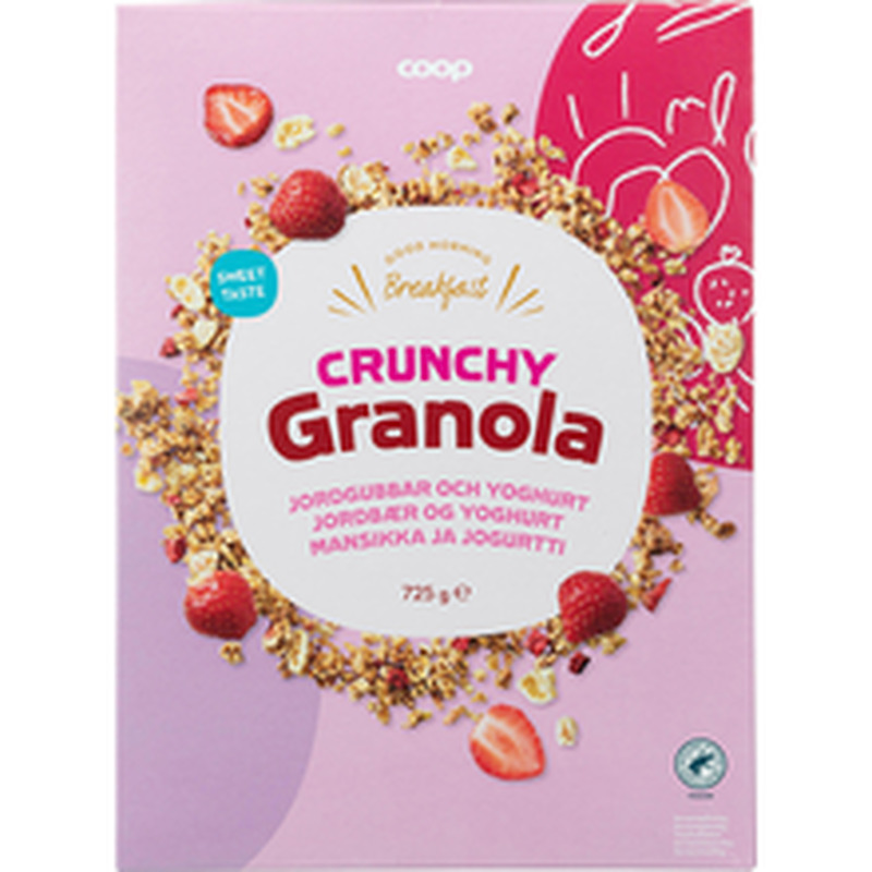 Coop magus granola jogurtikattega maisihelvestega 6% ja külmkuivatudmaasikatükkidega 1,5% 725g