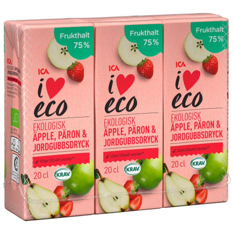 Mahe õuna-, pirni- ja maasikajook I Love Eco 3x200ml