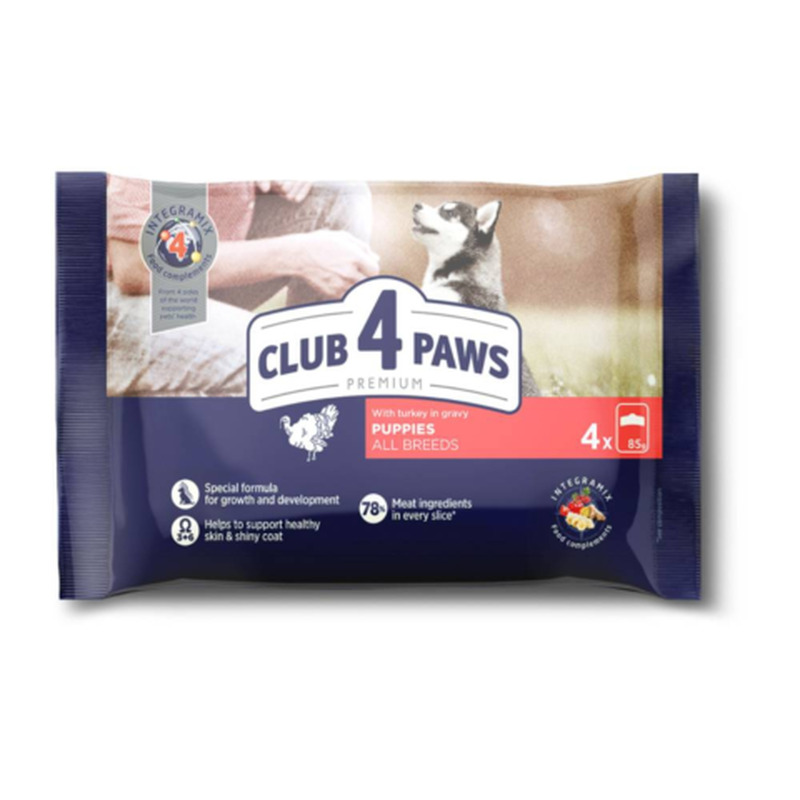 Täissööt kutsikatele Club 4 Paws kalkun kastmes 4 85g