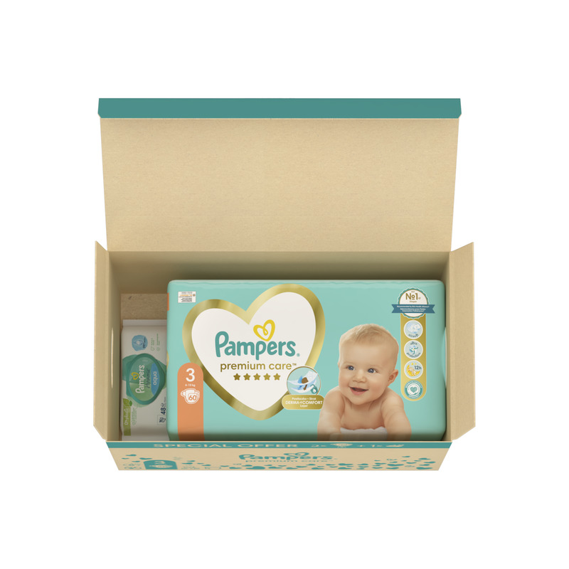 Pampers Premium Care Mähkmed, Suurus 3, 6–10 Kg, 120 Mähet + KINGITUS Harmonie Aqua 48 Niisket Salvrätikut