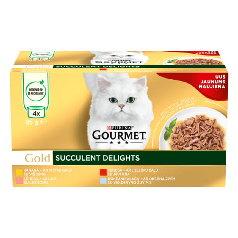 Kiisueine Gourmet Gold Succulent Delights multipakk: kana, veise, lõhe ja ookeanikalaga, PURINA, 4 x 85 g