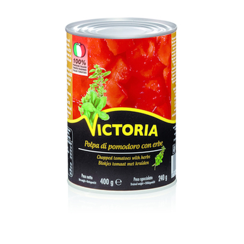 VICTORIA Tükeldatud tomatid ürtidega 400g (plekkpurk)