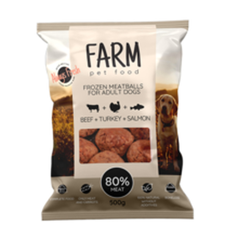 Farm Pet Food -18°C lihapallid koerale Veis-Kalkun-Lõhe 80%500g