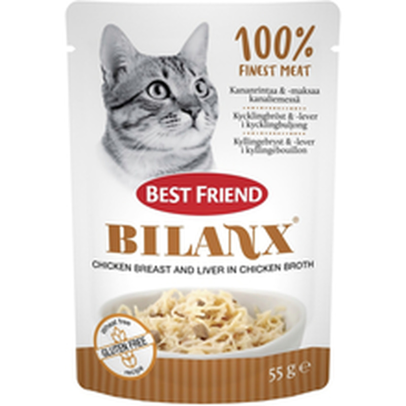 Best Friend Bilanx täissööt kassidele kanapuljongis kanarinna ja-maksaga, 55 g