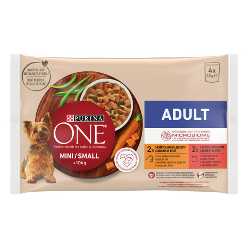 Koerasööt märg Purina One Mini/Small Adult kana, porgandi ja roheliste ubadega ning veise, kartuli ja hernestega kastmes 4x85g