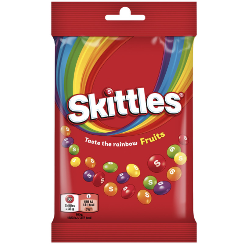 Puuviljamaitselised närimiskommid krõbeda suhkruglasuuriga Skittles Fruit 95g