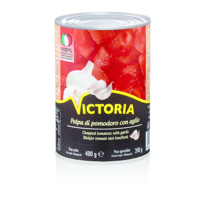 VICTORIA Tükeldatud tomatid küüslauguga 400g (plekkpurk)