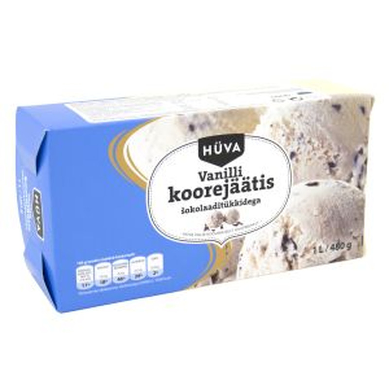 Hüva vanilli koorejäätis 1L/480g šokolaaditükkidega