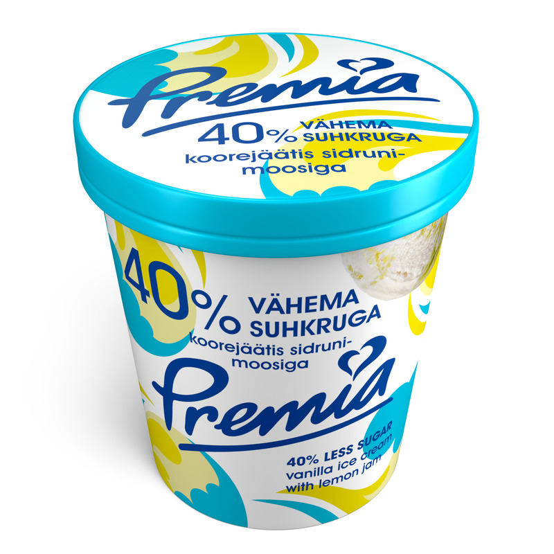 40% vähendatud suhkruga vanilli-koorejäätis sidruni, PREMIA, 245 g