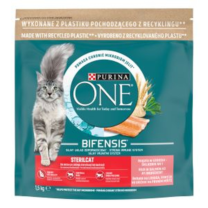 Kuiv kassitoit steriliseeritud kassidele lõhega, PURINA ONE, 1,5 kg