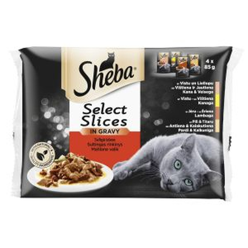 Kiisueine lihaga kastmes, SHEBA, 4 x 85 g