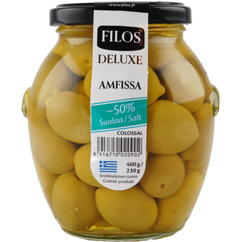 Kreeka vähesoolased rohelised oliivid, FILOS DELUXE, 400 g