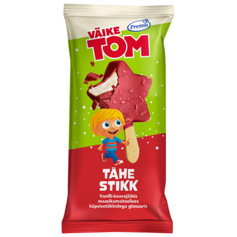 Koorejäätis Tähe-stikk maasika glasuuris küpsisetükkidega Väike Tom 55g/95ml