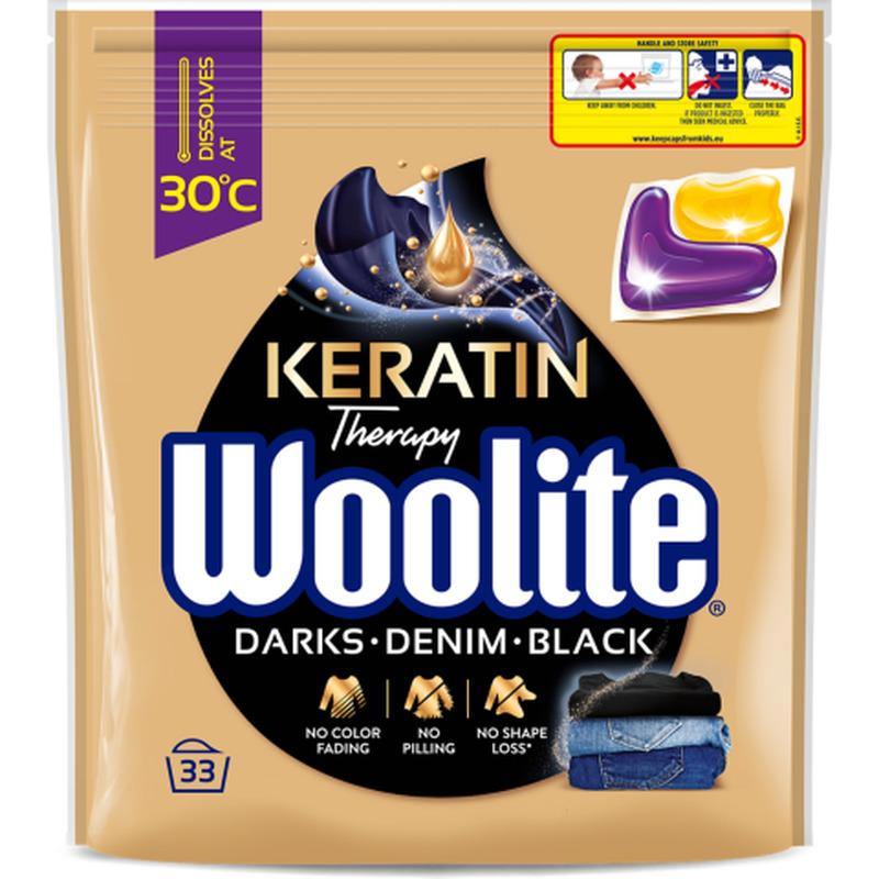 Mustade, tumedate ja teksariiete rõivaste pesukapslid Woolite Darks, Black & Denim keratiiniga 33tk