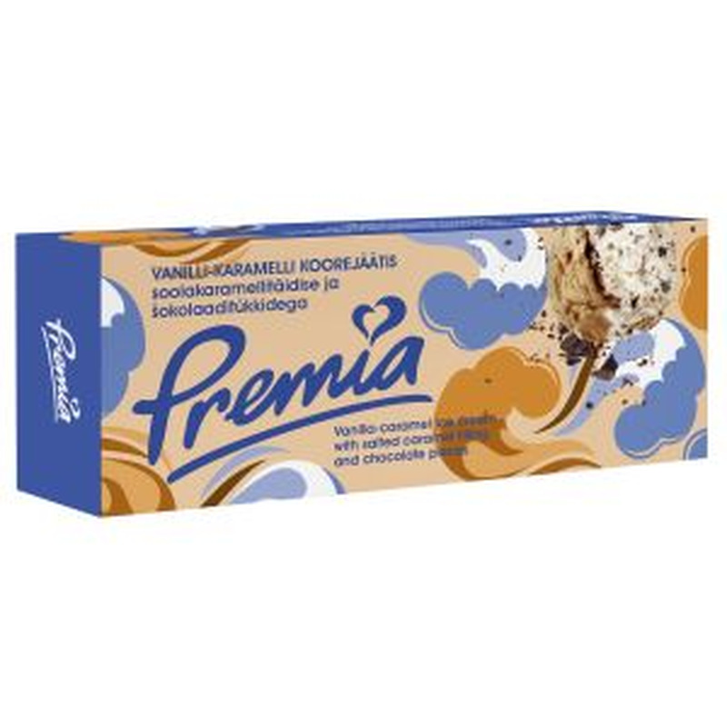 Premia vanilli-karamelli koorejäätis šokotükkide jasoolakaramellikastmega 480g/1l