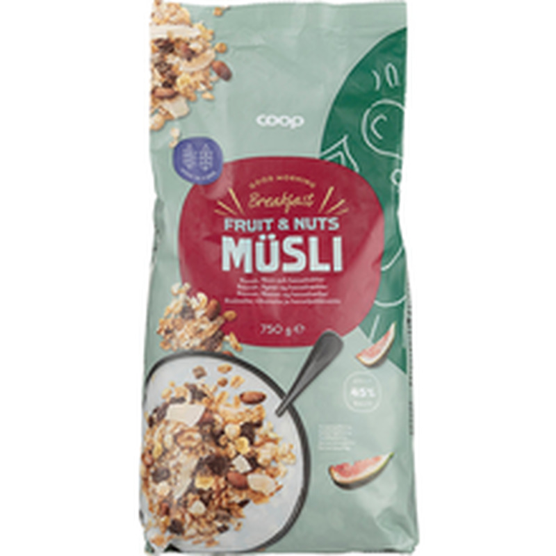 Müsli täisterahelvestest, rosinatest 25%, viigimarjadest 8%,sarapuupähklid 4%, banaanilaastudest 2% ja kookoslaastud 2% 750g