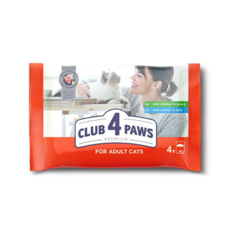 Täissööt täiskasvanud kassidele Club 4 Paws kanaliha kastmes ja lõhe tarretises 4x85g