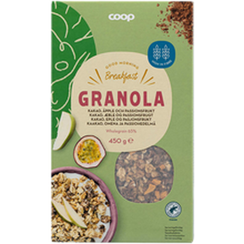 Coop granola külmkuivatatud õuna- ja passionitükkidega 1,5% ja kakaoga1% 450g