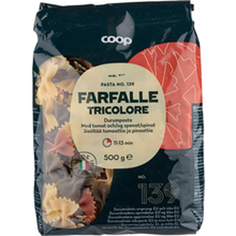 Coop farfalle durumpasta tomati ja spinatiga  500g